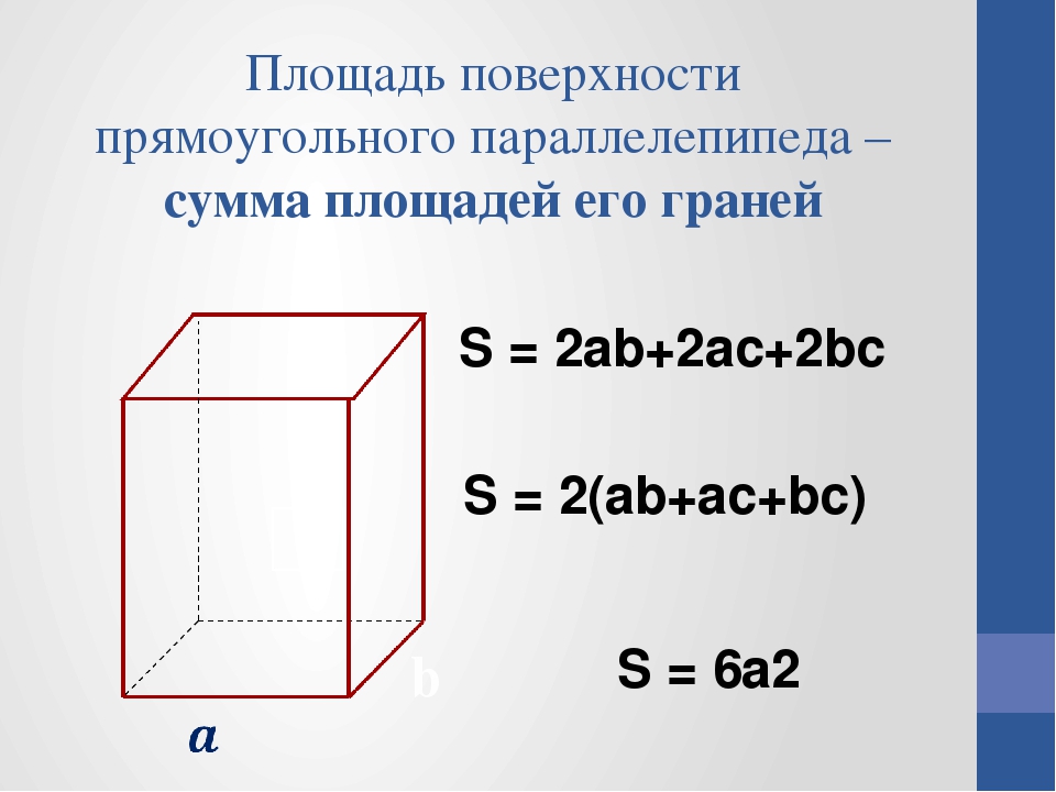Вычислить полную поверхность параллелепипеда. Площадь поверхности прямоугольного параллелепипеда формула. Площадь поверхности прямоугольника параллелепипеда. Площадь полной поверхности прямоугольного параллелепипеда. Площадь боковой поверхности прямоугольного параллелепипеда формула.